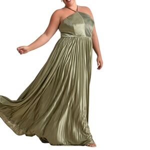 NWT Lulus Elaborate Charm Olive Green Satin Pleated Halter Maxi Dress‎ 2X Formal